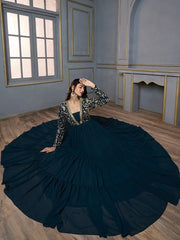 Floral Embroidered Square Neck Fit & Flare Ethnic Maxi Dress - Inddus.com