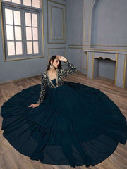 Floral Embroidered Square Neck Fit & Flare Ethnic Maxi Dress - Inddus.com