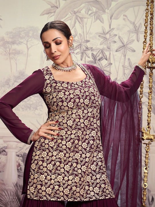 Floral Embroidered Square Neck Long Sleeve Sequinned Kurta Set With Dupatta - Inddus.com
