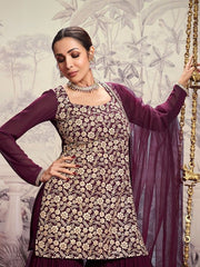 Floral Embroidered Square Neck Long Sleeve Sequinned Kurta Set With Dupatta - Inddus.com