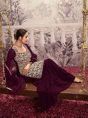 Floral Embroidered Square Neck Long Sleeve Sequinned Kurta Set With Dupatta - Inddus.com