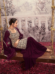Floral Embroidered Square Neck Long Sleeve Sequinned Kurta Set With Dupatta - Inddus.com