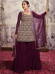 Floral Embroidered Square Neck Long Sleeve Sequinned Kurta Set With Dupatta - Inddus.com
