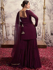 Floral Embroidered Square Neck Long Sleeve Sequinned Kurta Set With Dupatta - Inddus.com