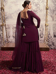 Floral Embroidered Square Neck Long Sleeve Sequinned Kurta Set With Dupatta - Inddus.com