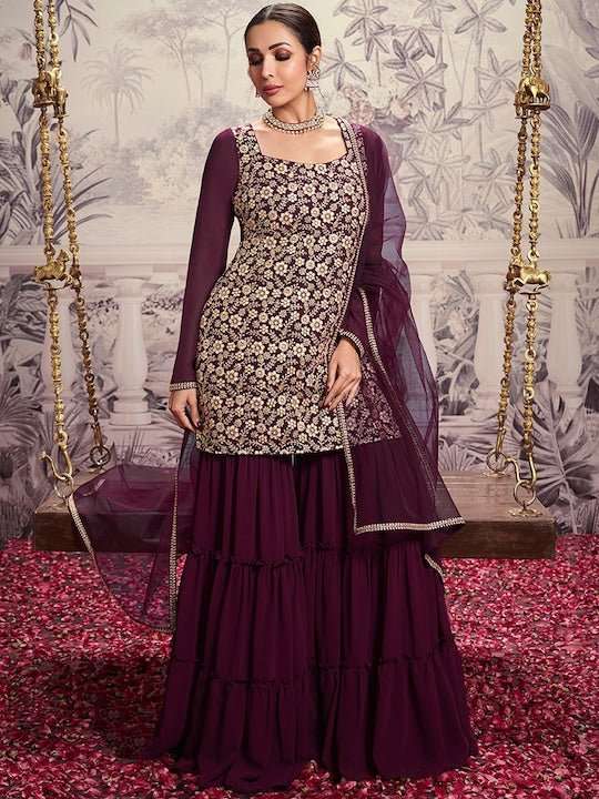 Women Magenta Pink Floral Embroidered Pleated Sequinned Net Kurta with Trousers main image 1