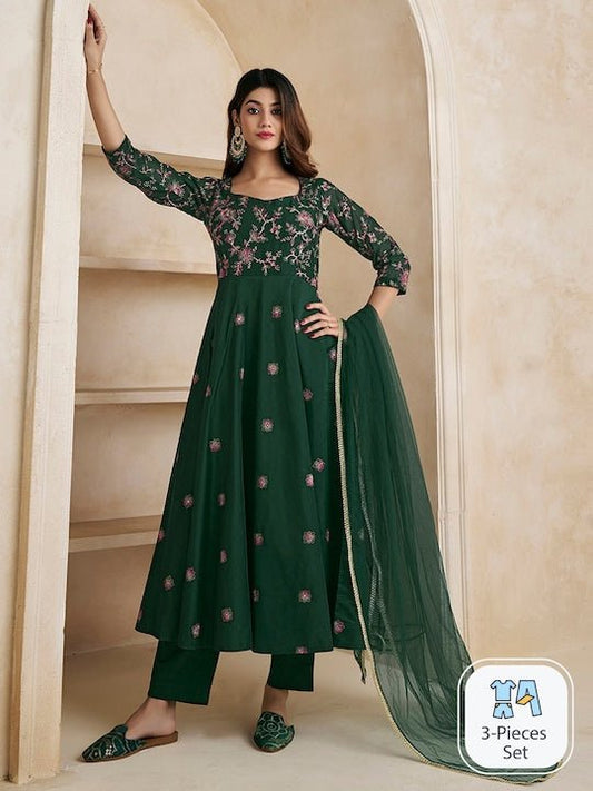 Floral Embroidered Thread Work Chanderi Cotton Kurta With Trousers & Dupatta - Inddus.com