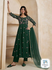 Floral Embroidered Thread Work Chanderi Cotton Kurta With Trousers & Dupatta - Inddus.com