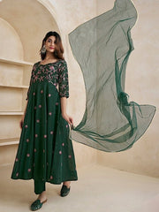 Floral Embroidered Thread Work Chanderi Cotton Kurta With Trousers & Dupatta - Inddus.com