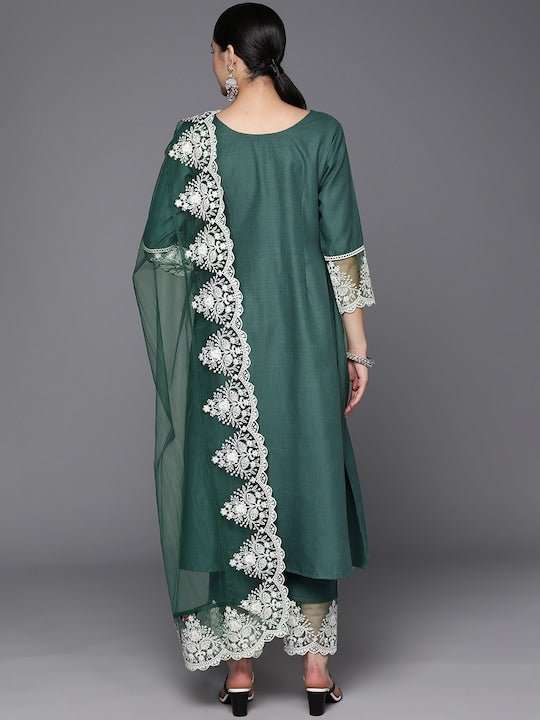 Floral Embroidered Thread Work Kurta with Trousers & With Dupatta - Inddus.com