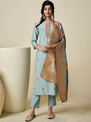 Floral Embroidered Thread Work Pure Silk Kurta with Trousers & With Dupatta - Inddus.com