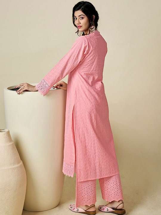 Floral Embroidered V-Neck Chikankari Pure Cotton Kurta with Palazzos - Inddus.com