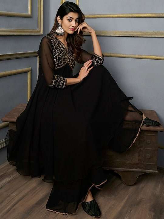 Floral Embroidered Zari Empire Kurta with Sharara - Inddus.com