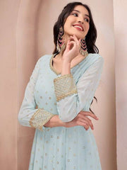 Floral Foil Printed Fit & Flare Ethnic Dress With Dupatta - Inddus.com