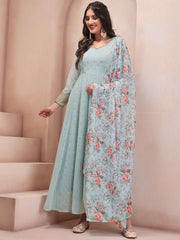 Floral Foil Printed Fit & Flare Ethnic Dress With Dupatta - Inddus.com