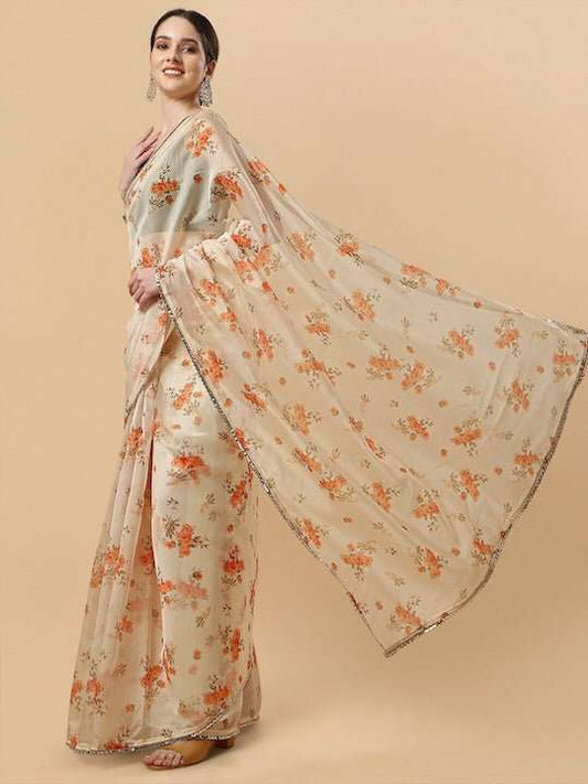 Floral Gotta Patti Organza Saree - Inddus.com