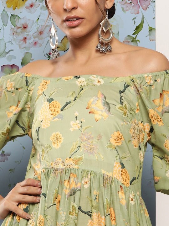 Floral Off-Shoulder Tiered Maxi Dress - Inddus.com