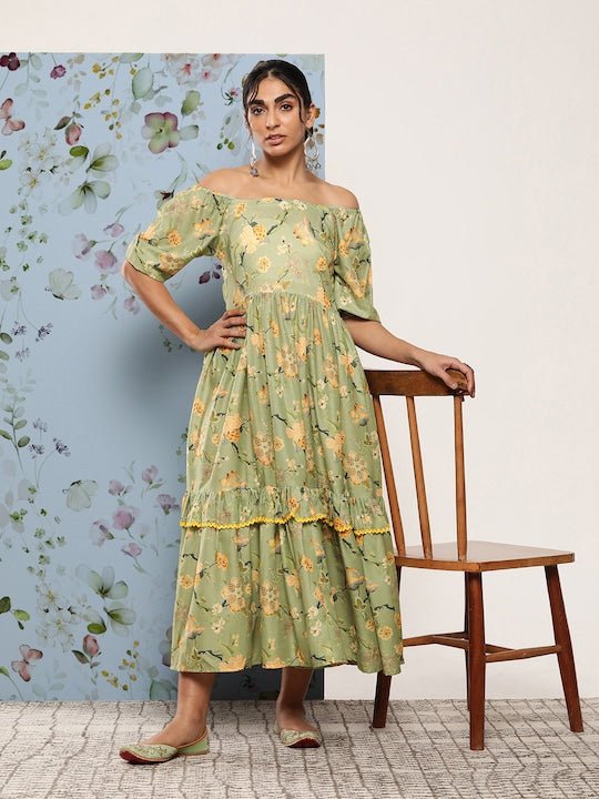 Floral Off-Shoulder Tiered Maxi Dress - Inddus.com