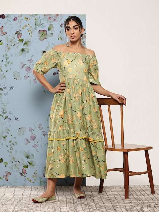 Floral Off-Shoulder Tiered Maxi Dress - Inddus.com