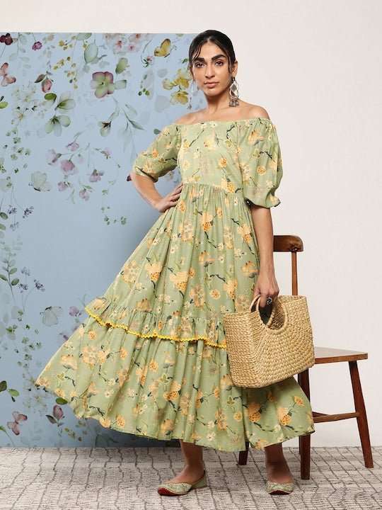 Floral Off-Shoulder Tiered Maxi Dress - Inddus.com