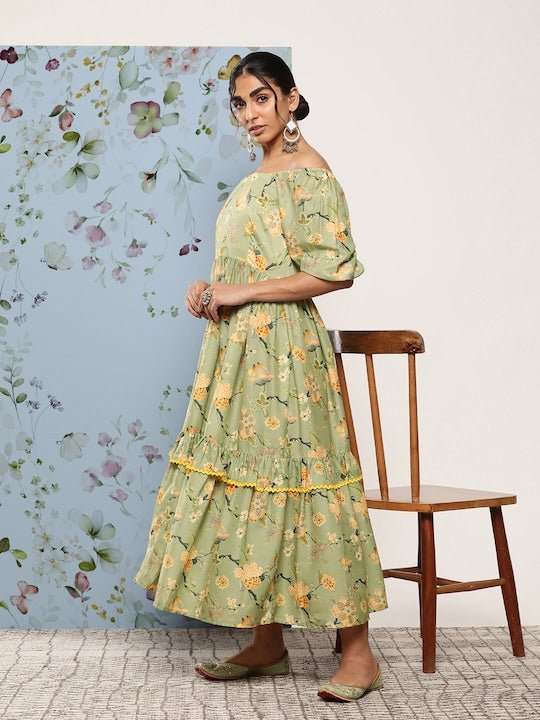 Floral Off-Shoulder Tiered Maxi Dress - Inddus.com