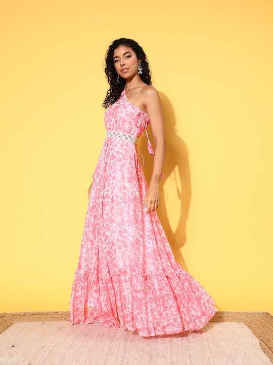Floral One Shoulder Belted Chiffon Maxi Dress - Inddus.com