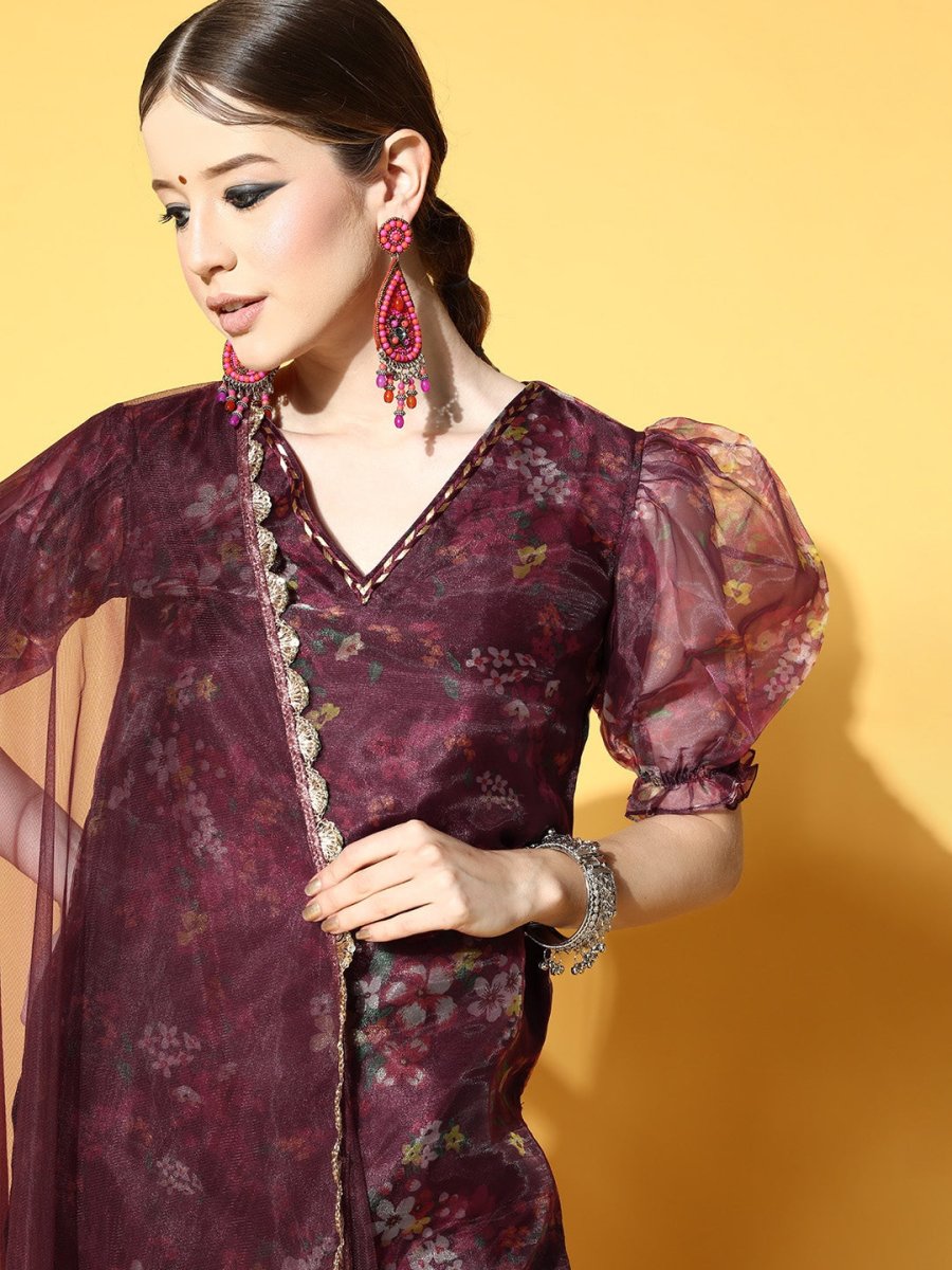 Floral Organza Scalloped Edge Kurta Set - Inddus.com