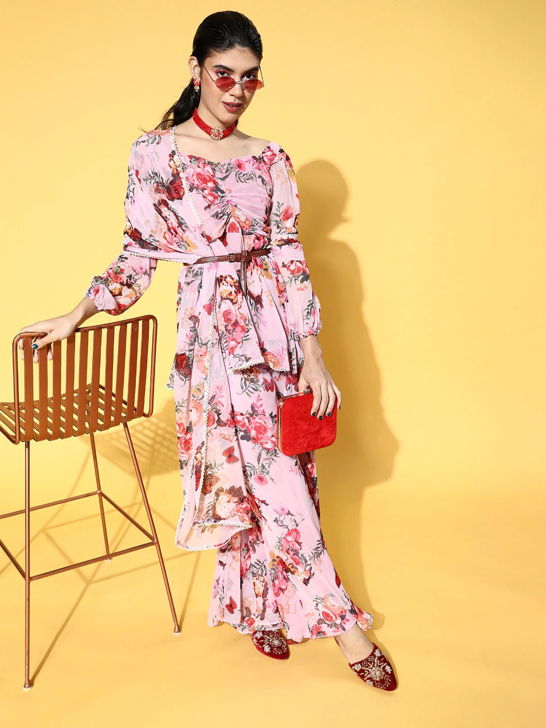Floral Poly Chiffon Draped Luxe Kurta Set Inddus