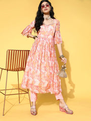 Floral Poly Chiffon Nuovo Sleeves Kurta Set - Inddus.com