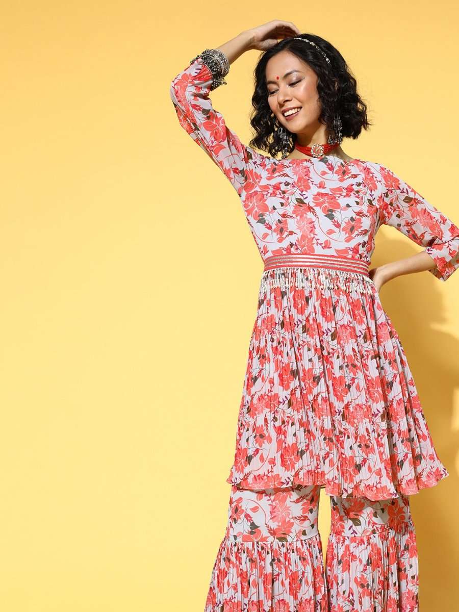 Floral Poly Georgette Pleated Form Kurta Set - Inddus.com