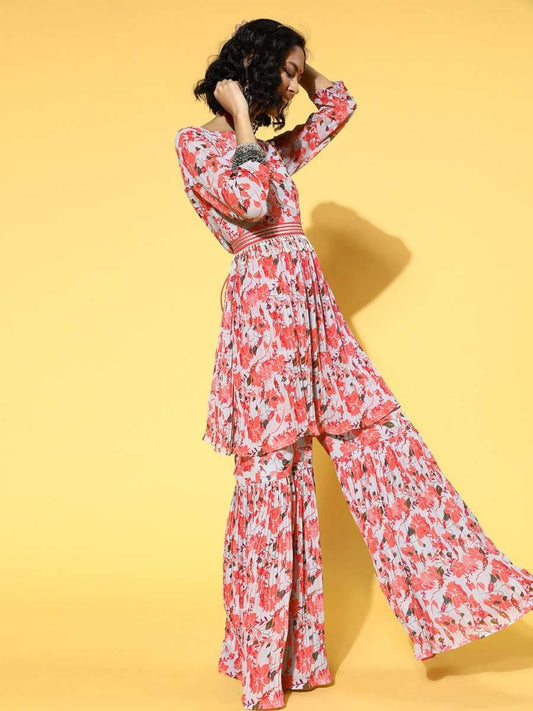 Floral Poly Georgette Pleated Form Kurta Set - Inddus.com