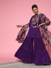 Floral Polyester Scalloped Edge Kurta Set - Inddus.com