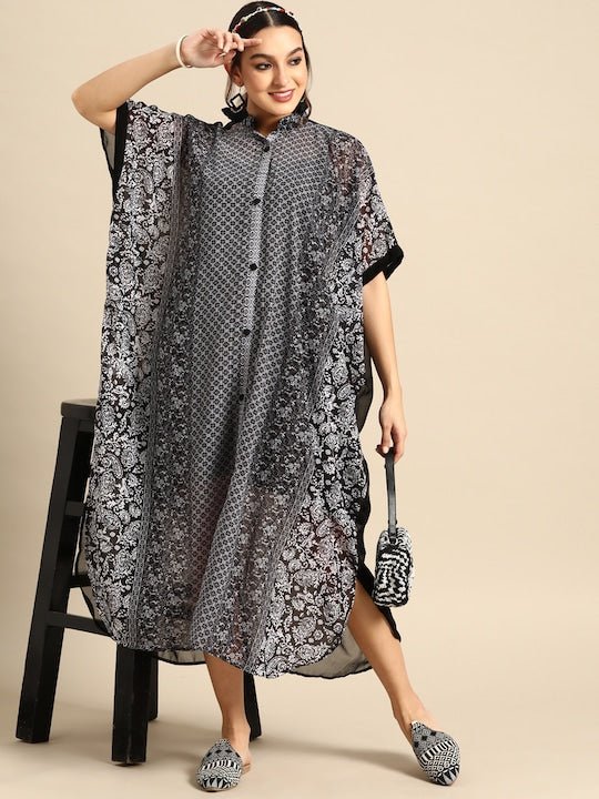 Floral Print Georgette Kaftan Midi Dress - Inddus.com