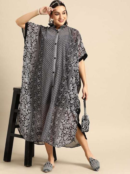 Floral Print Georgette Kaftan Midi Dress - Inddus.com