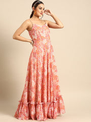Floral Print Georgette Maxi Dress With Jacket - Inddus.com
