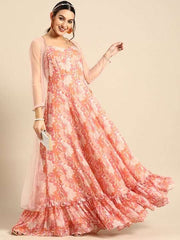 Floral Print Georgette Maxi Dress With Jacket - Inddus.com