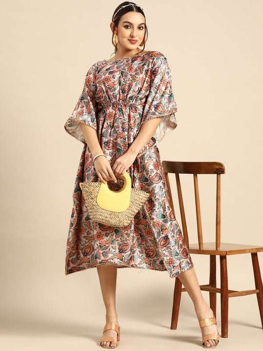 Floral Print Satin Kaftan Midi Dress - Inddus.com