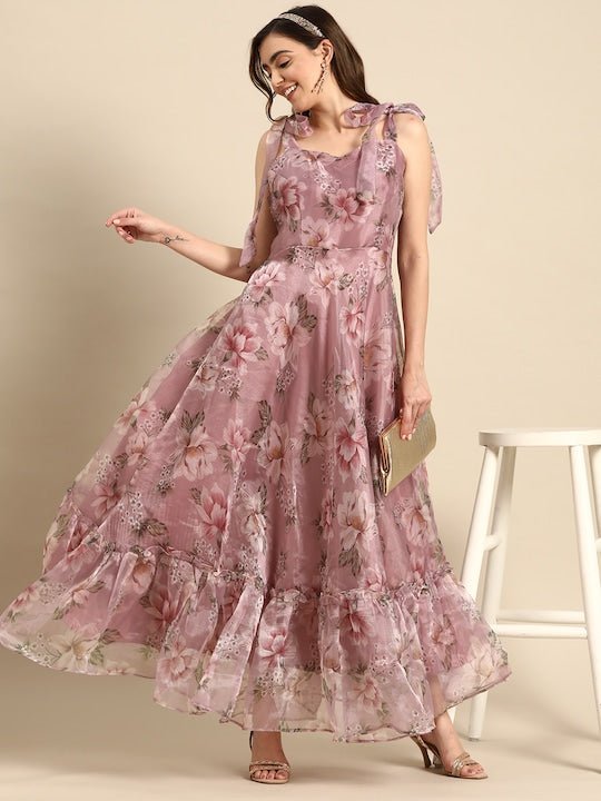 Floral Print Sweetheart Neck Ruffled Organza Maxi Dress With Shoulder Tie-Ups - Inddus.com