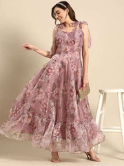 Floral Print Sweetheart Neck Ruffled Organza Maxi Dress With Shoulder Tie-Ups - Inddus.com