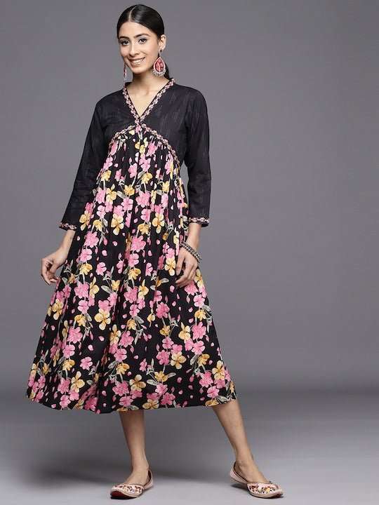 Floral Printed A-Line Cotton Midi Dress - Inddus.com