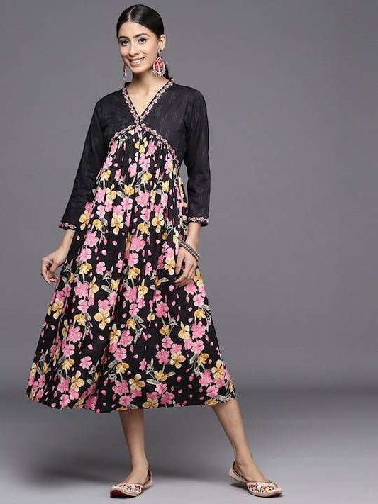 Floral Printed A-Line Cotton Midi Dress - Inddus.com