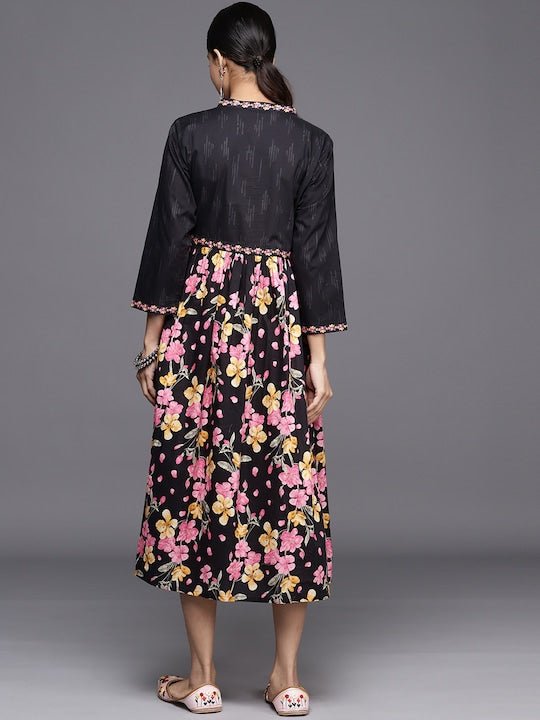 Floral Printed A-Line Cotton Midi Dress - Inddus.com