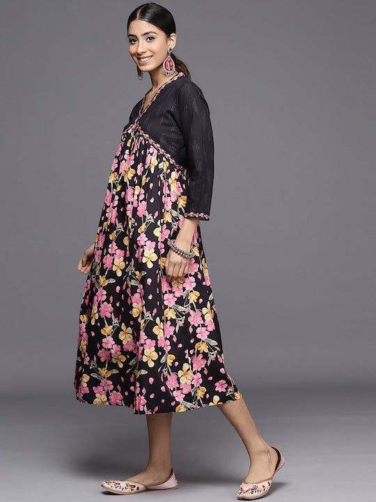Floral Printed A-Line Cotton Midi Dress - Inddus.com