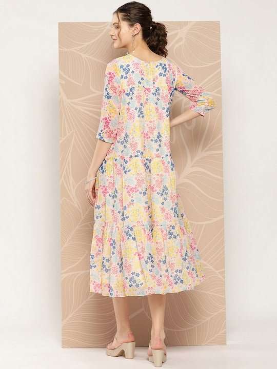 Floral Printed A-Line Midi Dress - Inddus.com