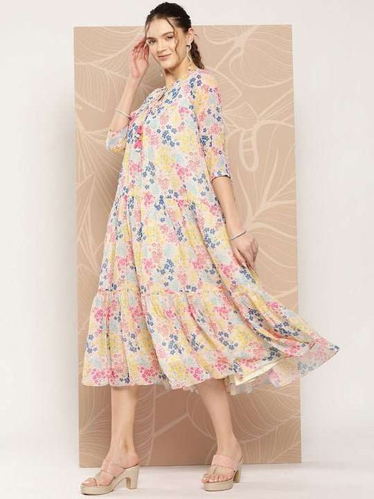 Floral Printed A-Line Midi Dress - Inddus.com