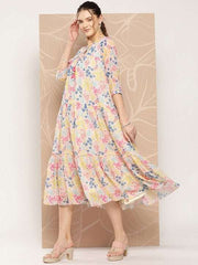 Floral Printed A-Line Midi Dress - Inddus.com