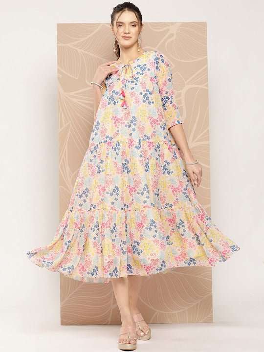 Floral Printed A-Line Midi Dress - Inddus.com