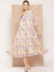 Floral Printed A-Line Midi Dress - Inddus.com