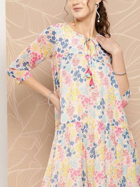 Floral Printed A-Line Midi Dress - Inddus.com