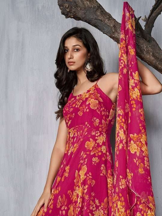 Floral Printed AnarkLI Kurta with Trousers & Dupatta - Inddus.com